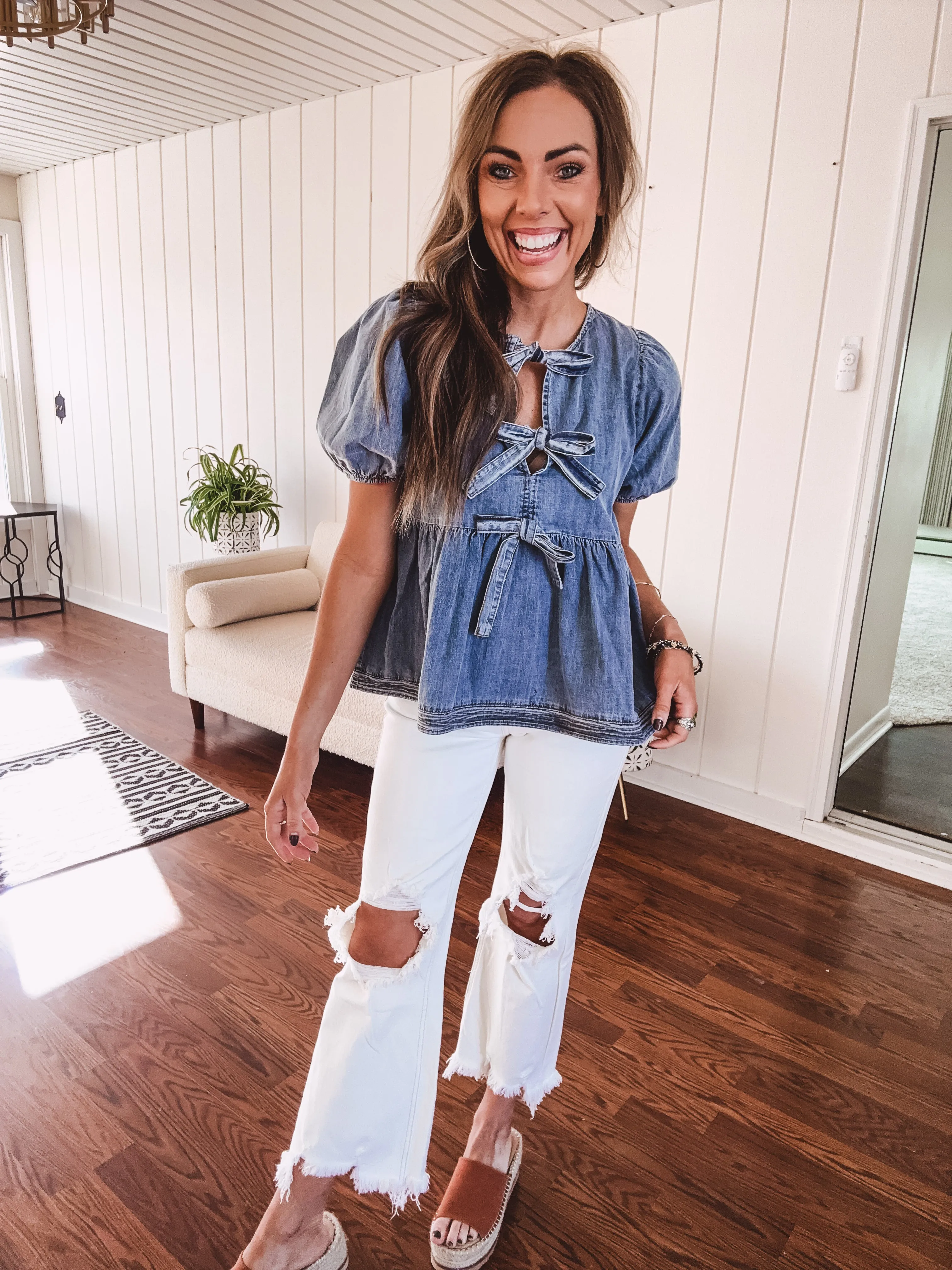 Cream High Rise Straight Knee Distressed Denim