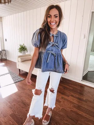 Cream High Rise Straight Knee Distressed Denim