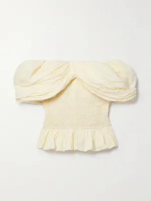 Cream off-the-shoulder shirred ruffled ramie blouse