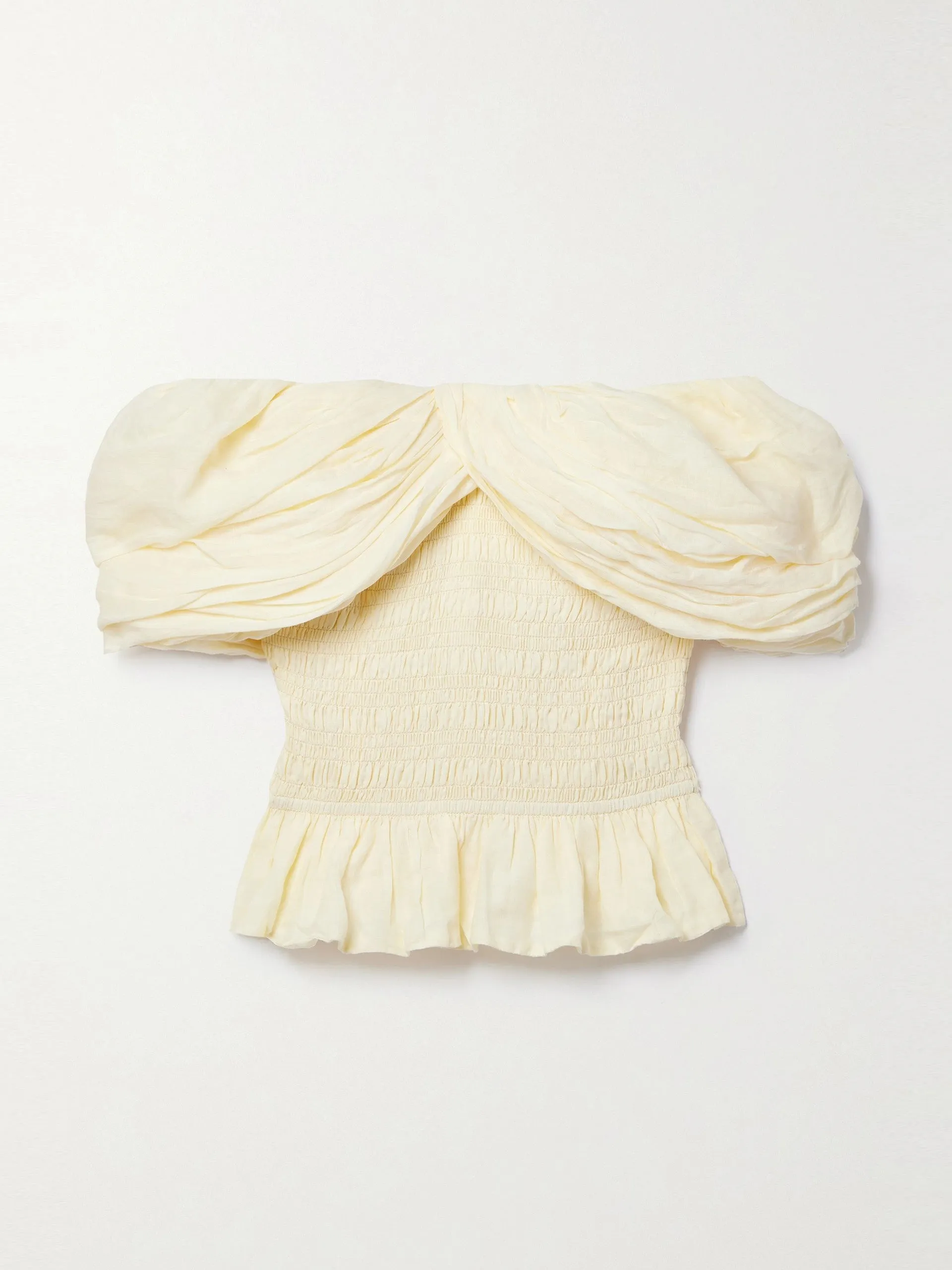 Cream off-the-shoulder shirred ruffled ramie blouse