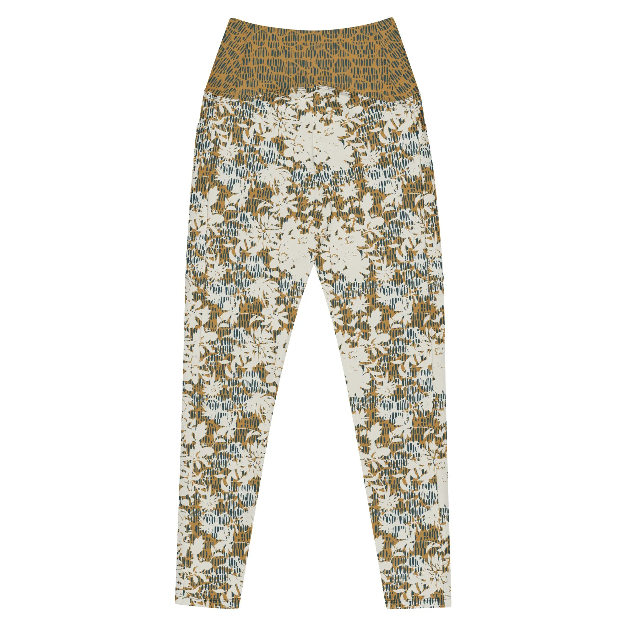 Creamy Flowers on Gold Background with Teal Leggings with pockets