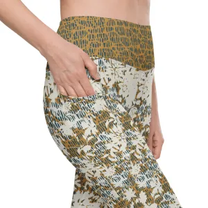 Creamy Flowers on Gold Background with Teal Leggings with pockets