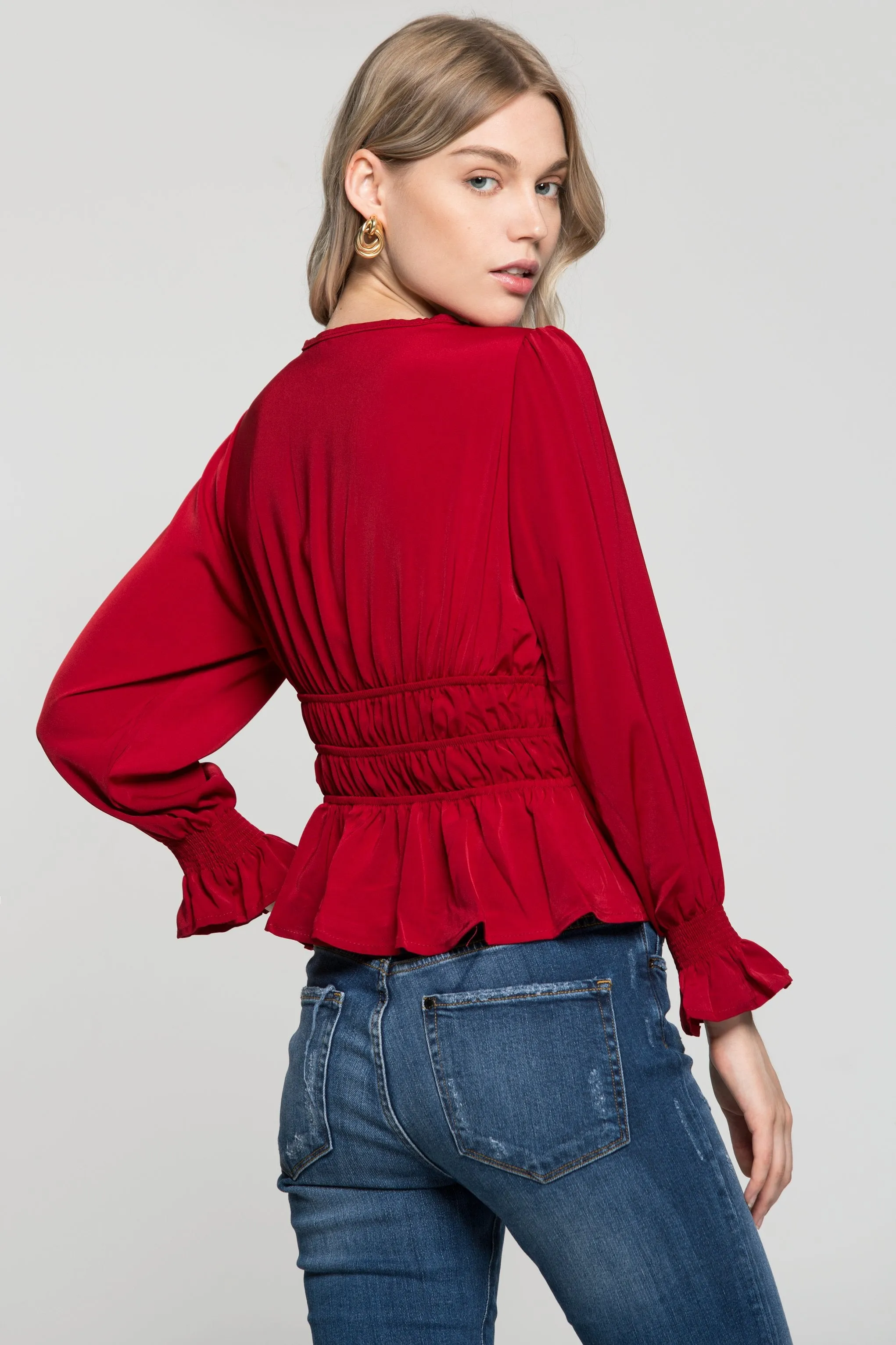 Crimson Red Smocked Waist Peplum Top