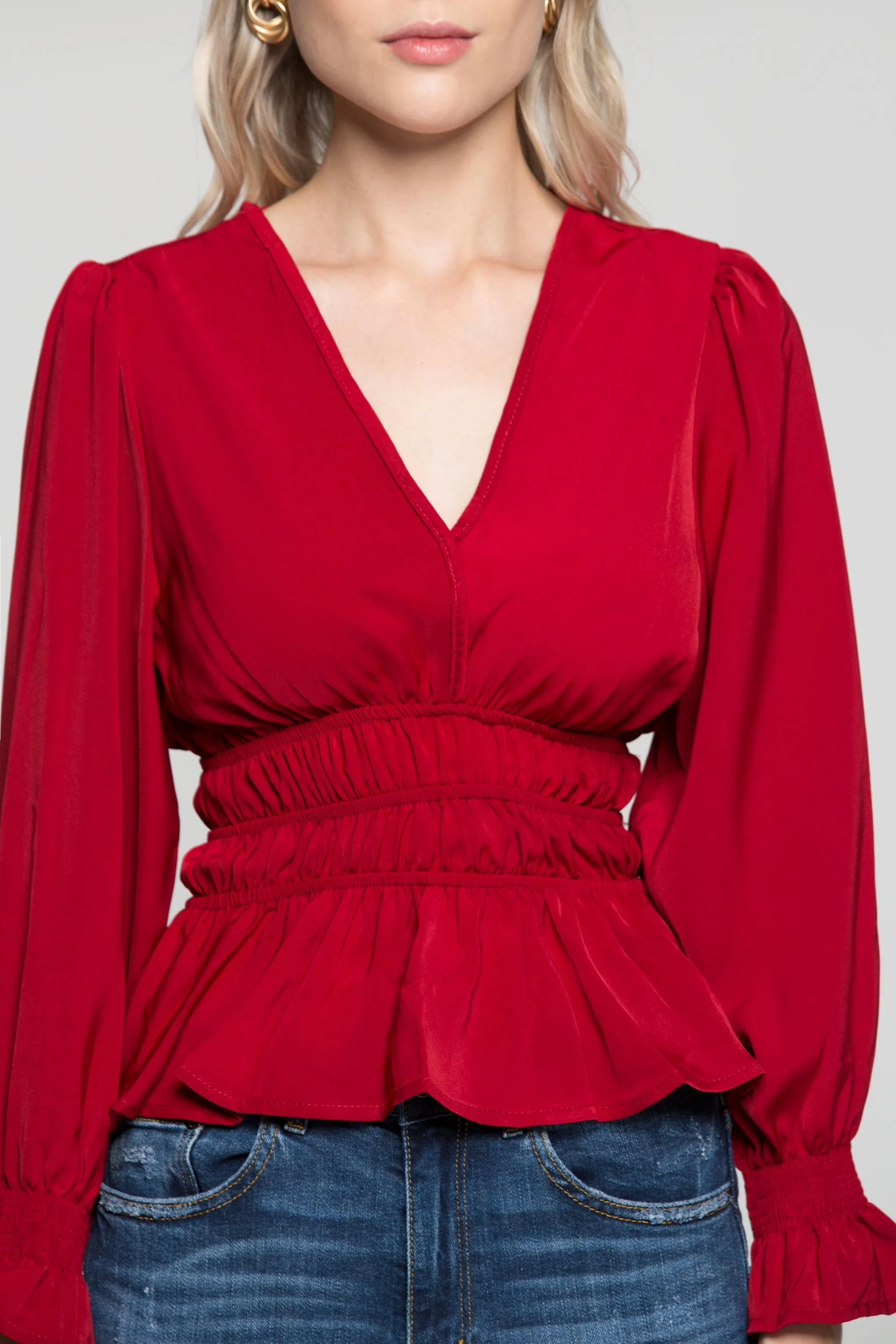 Crimson Red Smocked Waist Peplum Top