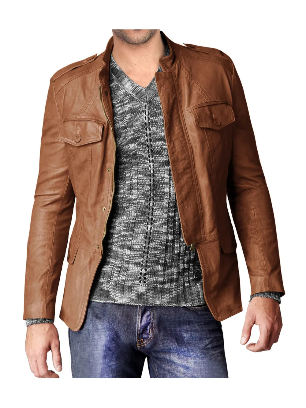 Cuffed Button Classic Leather Jacket