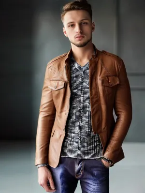 Cuffed Button Classic Leather Jacket