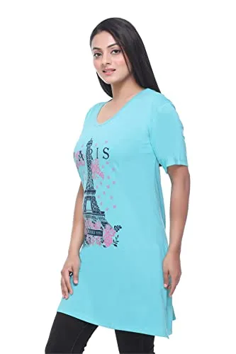 CUPID Regular Fit Cotton Round Neck Half Sleeve T-Shirt, Plus Sizes Nightwear, Sleepwear, Daily Use Gym n Lounge Wear Long Tops for Women - 5XL, Turquoise