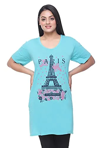 CUPID Regular Fit Cotton Round Neck Half Sleeve T-Shirt, Plus Sizes Nightwear, Sleepwear, Daily Use Gym n Lounge Wear Long Tops for Women - 5XL, Turquoise