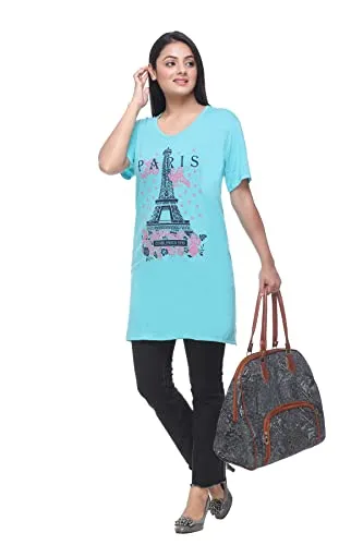 CUPID Regular Fit Cotton Round Neck Half Sleeve T-Shirt, Plus Sizes Nightwear, Sleepwear, Daily Use Gym n Lounge Wear Long Tops for Women - 5XL, Turquoise