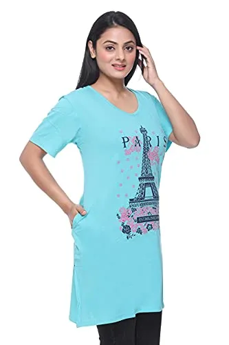 CUPID Regular Fit Cotton Round Neck Half Sleeve T-Shirt, Plus Sizes Nightwear, Sleepwear, Daily Use Gym n Lounge Wear Long Tops for Women - 5XL, Turquoise