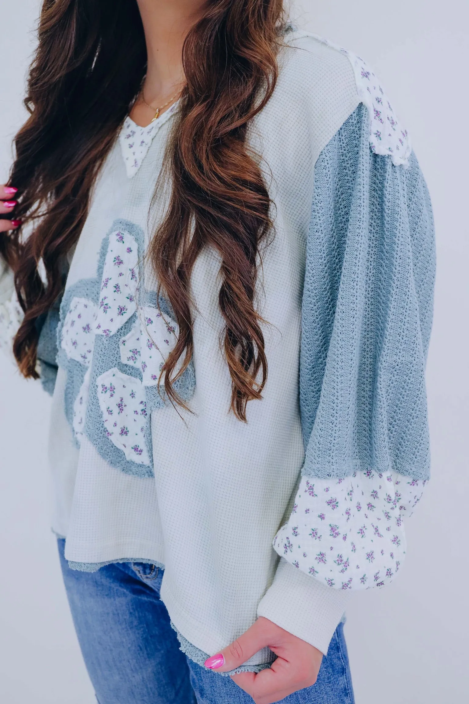 Daisy Flower Patch Mixed Fabric Hoodie- 3 Colors