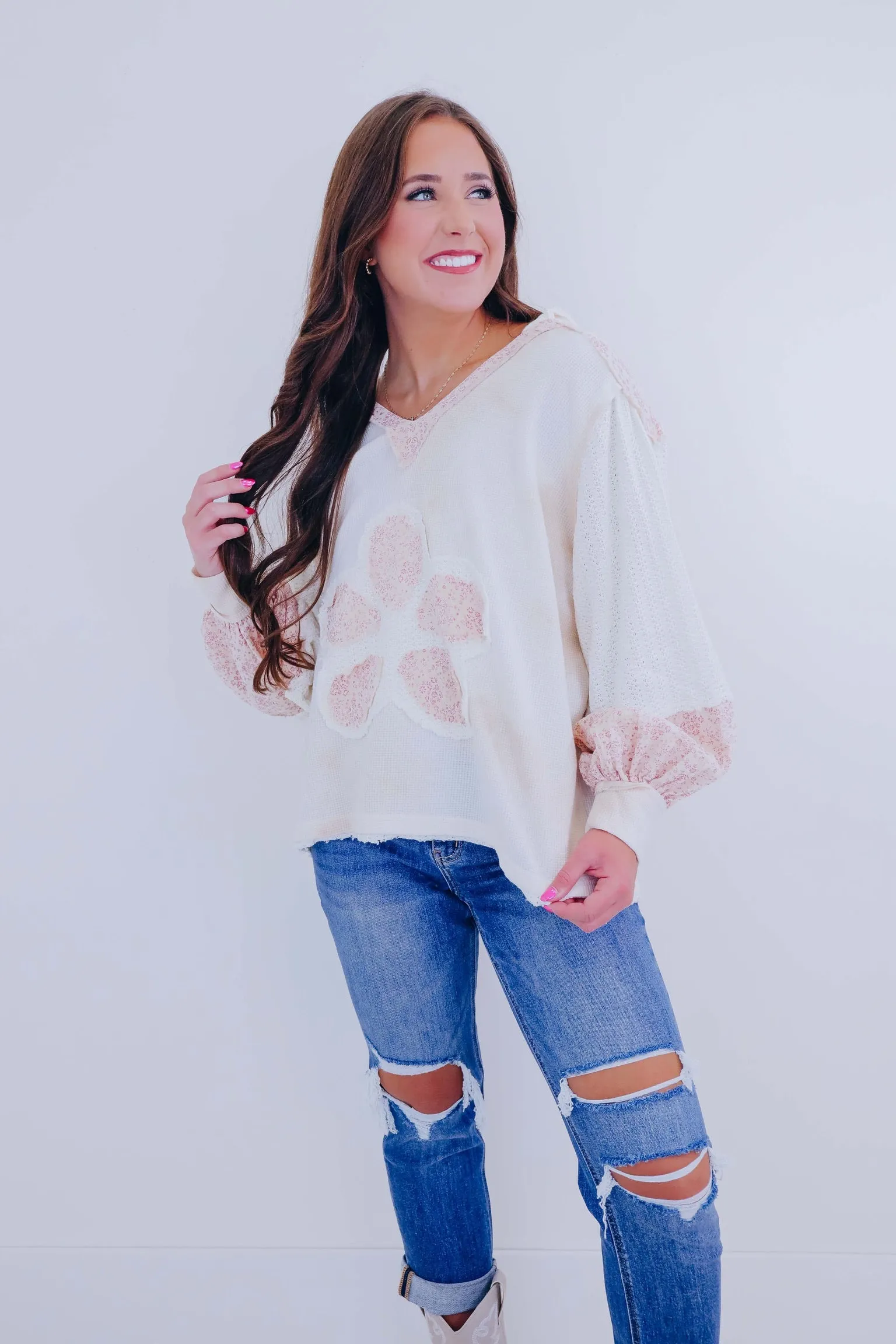 Daisy Flower Patch Mixed Fabric Hoodie- 3 Colors