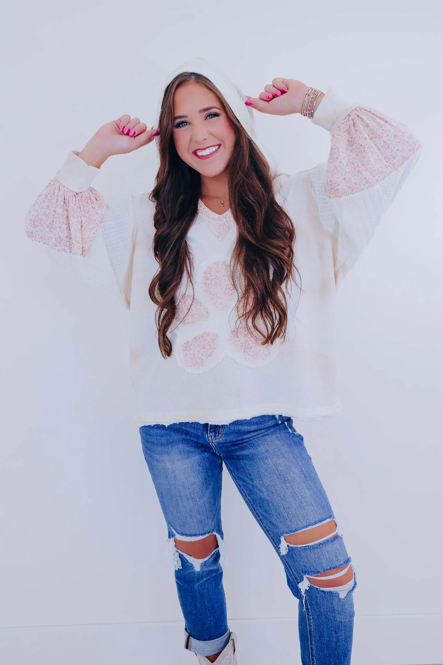 Daisy Flower Patch Mixed Fabric Hoodie- 3 Colors
