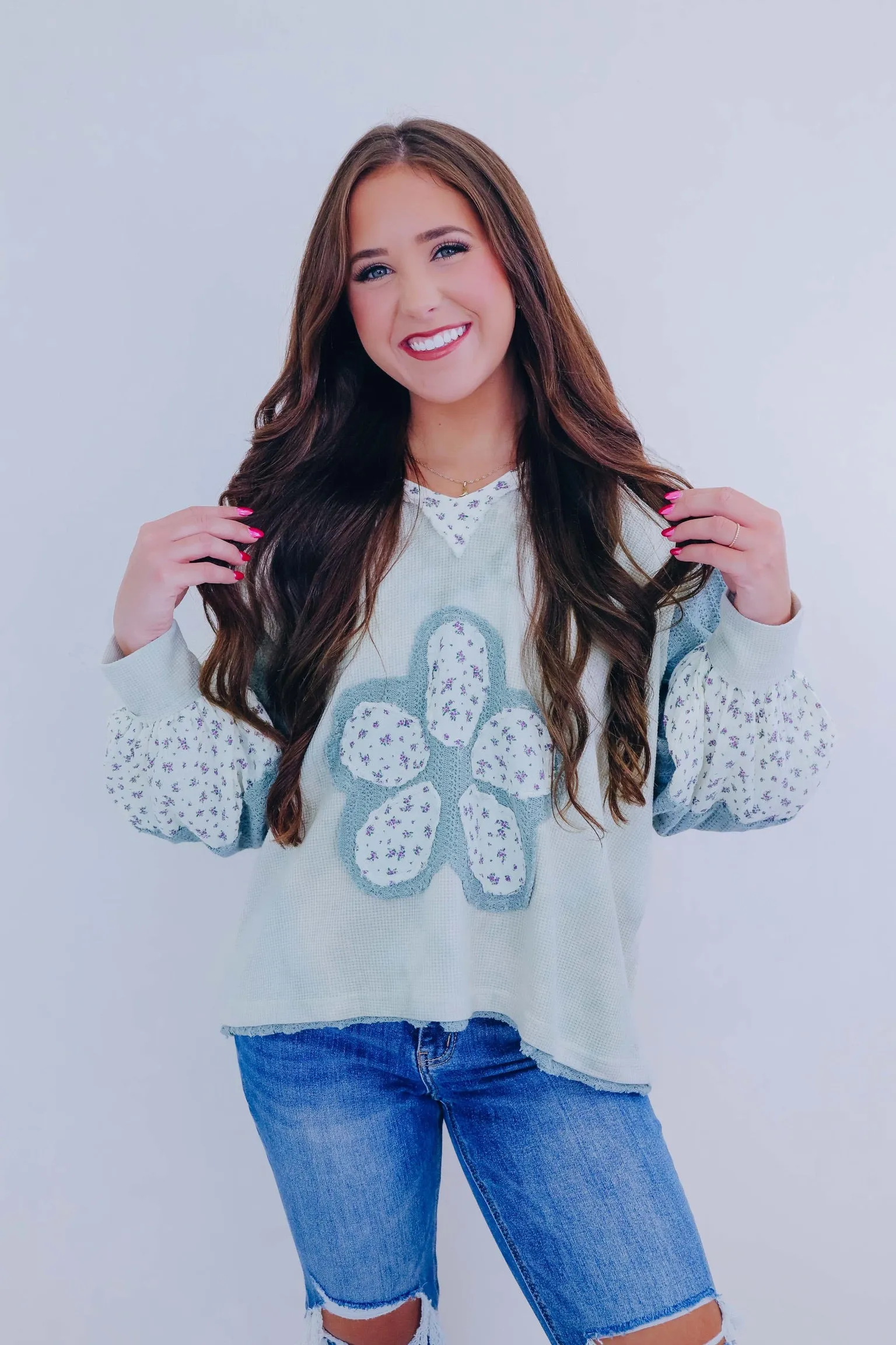 Daisy Flower Patch Mixed Fabric Hoodie- 3 Colors
