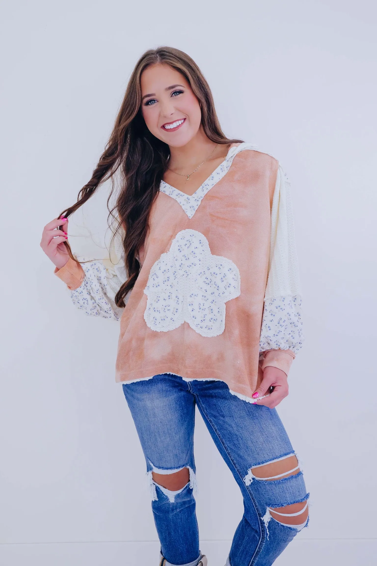 Daisy Flower Patch Mixed Fabric Hoodie- 3 Colors