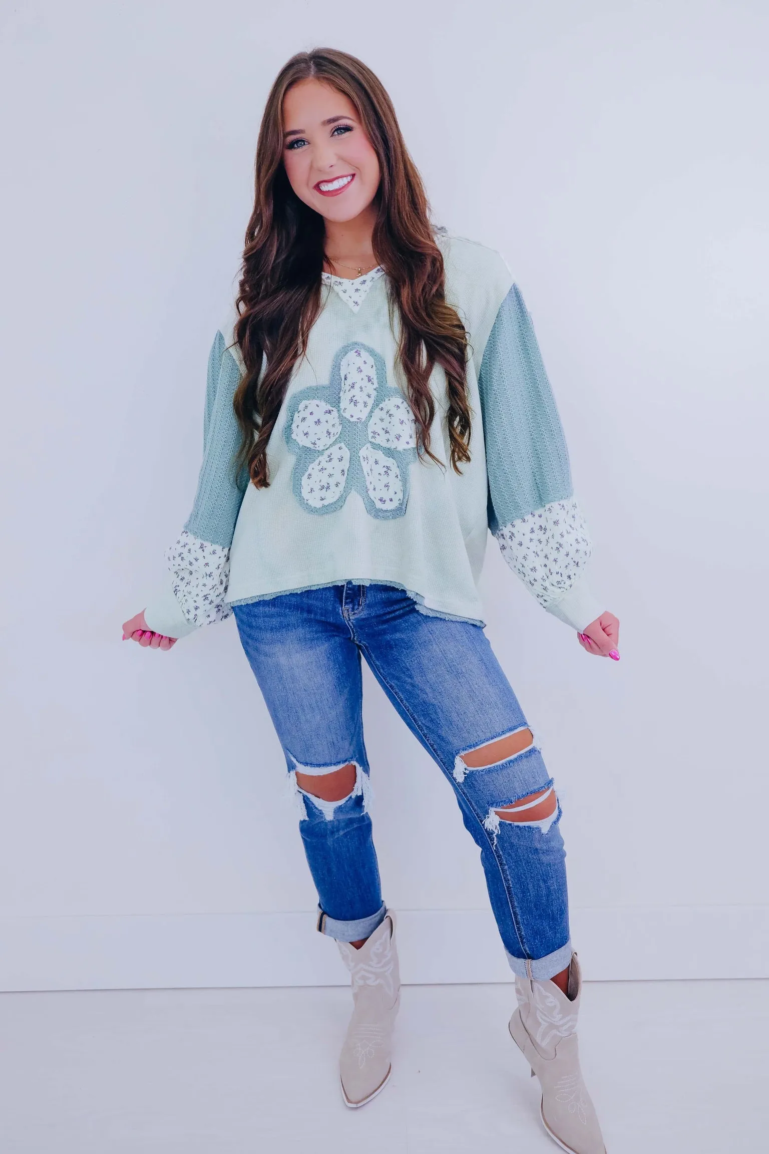 Daisy Flower Patch Mixed Fabric Hoodie- 3 Colors