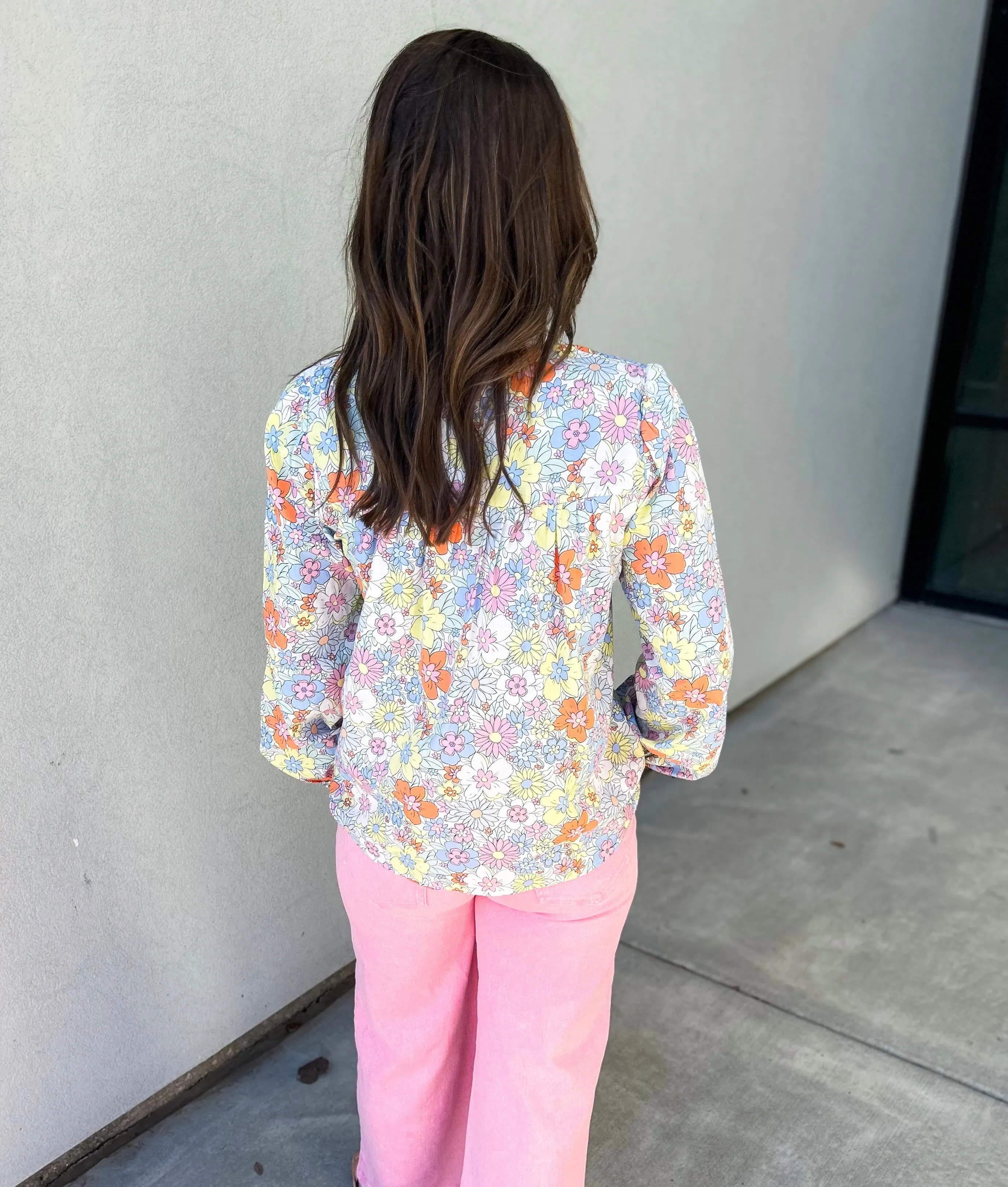 Dani Pintuck Floral Button Up Cotton Top