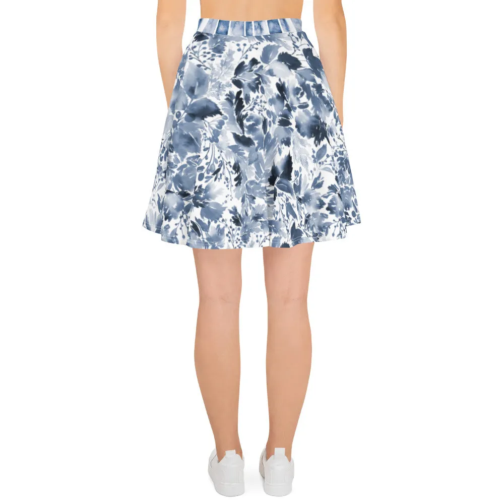 Dark Blue Watercolor Floral - Skater Skirt