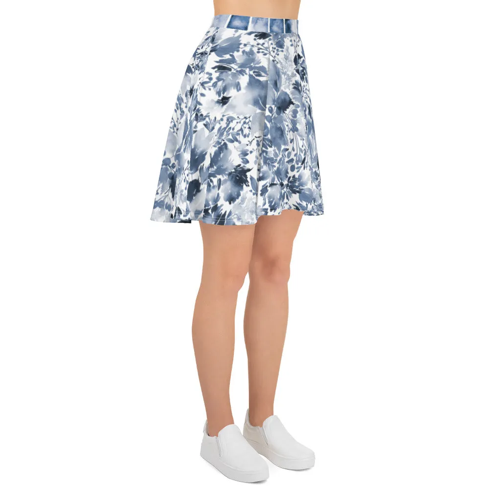 Dark Blue Watercolor Floral - Skater Skirt