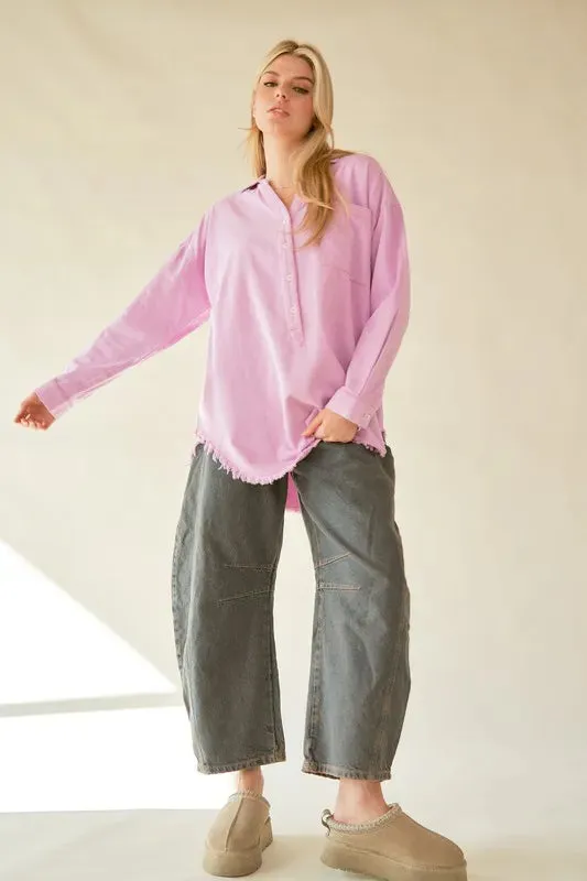 Davi & Dani Letter Back Raw Hem Half Button Shirt