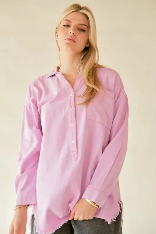 Davi & Dani Letter Back Raw Hem Half Button Shirt