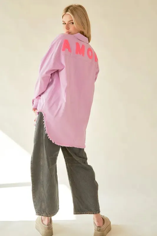 Davi & Dani Letter Back Raw Hem Half Button Shirt