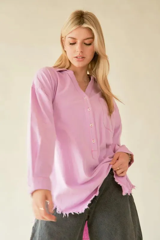 Davi & Dani Letter Back Raw Hem Half Button Shirt