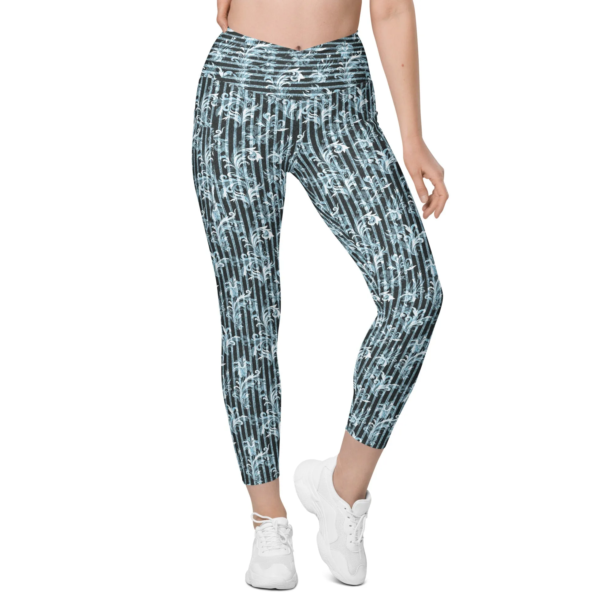 Denim Fleurs Crossover leggings with pockets