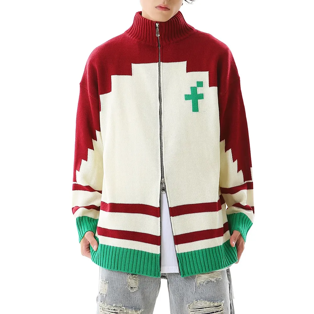 Double-ended Zipper Red Flower Sweater