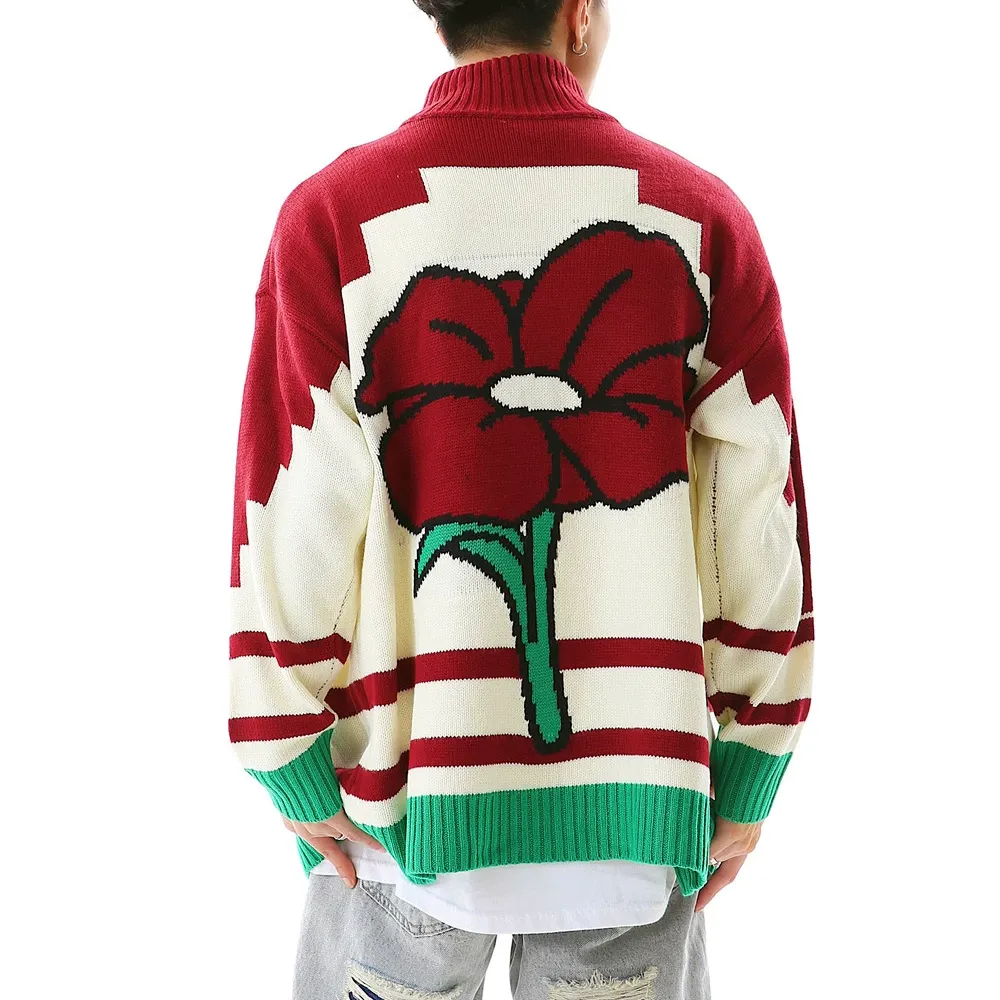 Double-ended Zipper Red Flower Sweater
