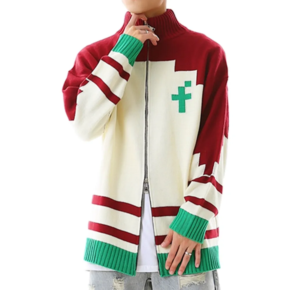 Double-ended Zipper Red Flower Sweater