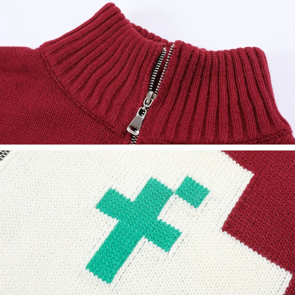 Double-ended Zipper Red Flower Sweater
