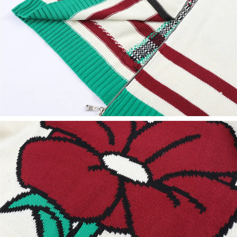 Double-ended Zipper Red Flower Sweater
