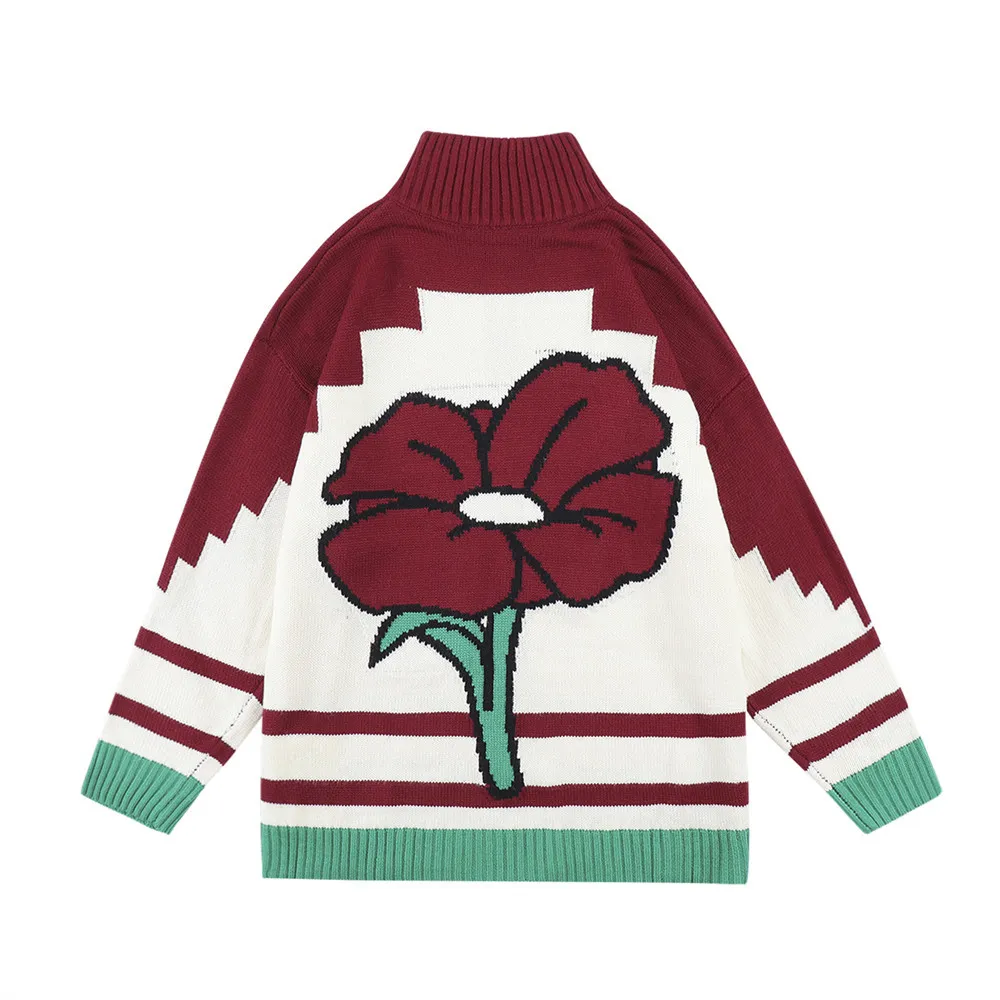 Double-ended Zipper Red Flower Sweater