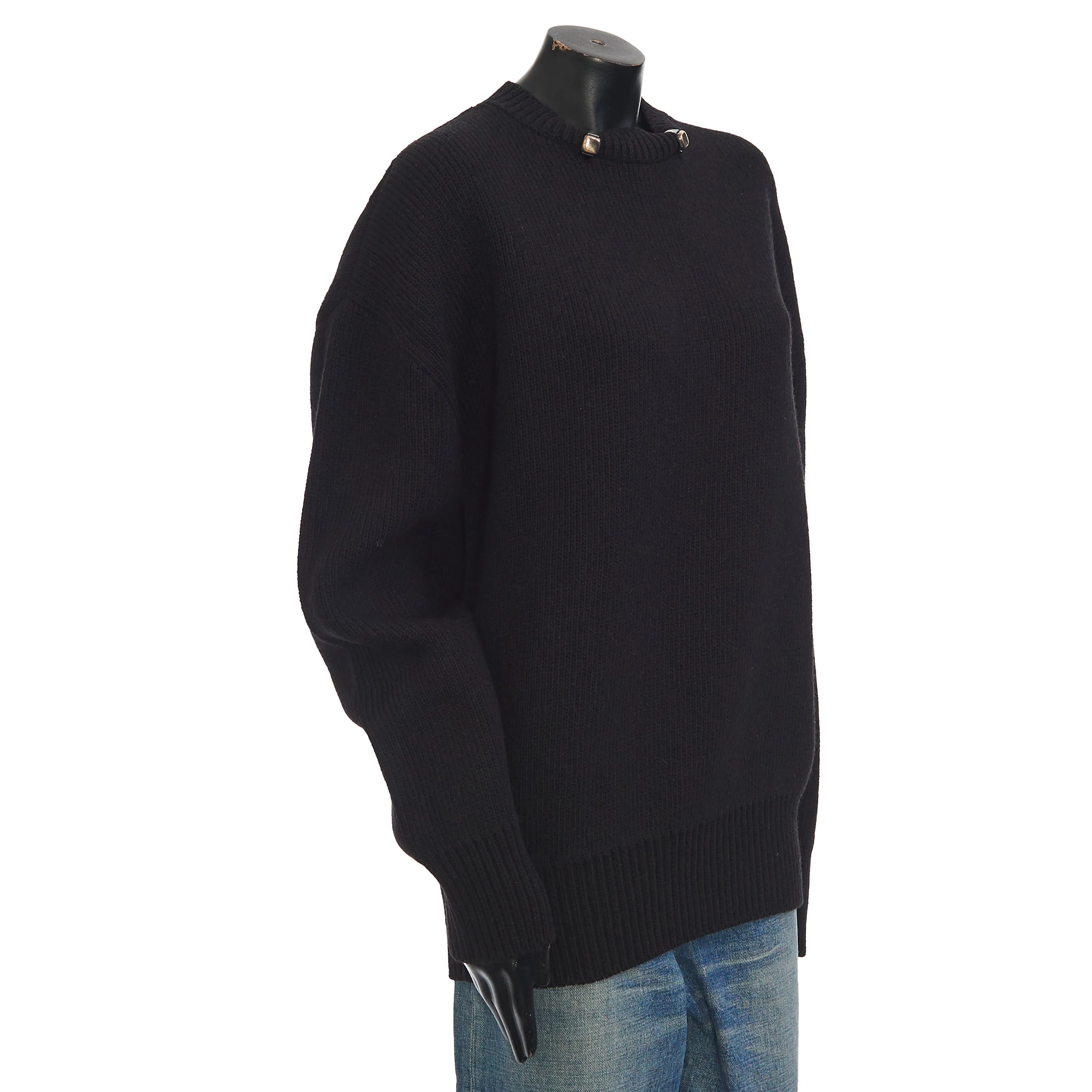 Double Face Shetland Sweater With Metal Rings In Black Wool
