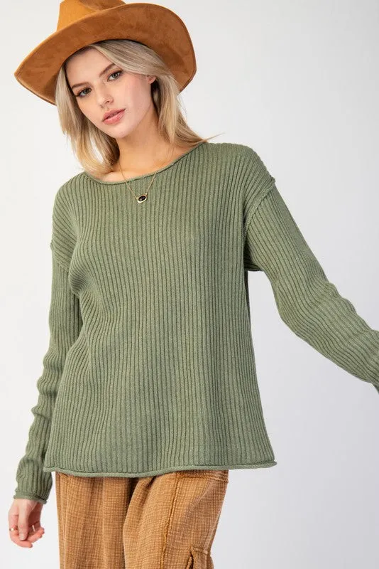 Drop Shoulder Rib Knit Sweater