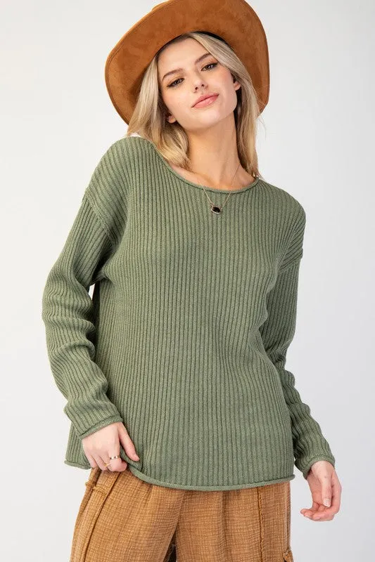 Drop Shoulder Rib Knit Sweater