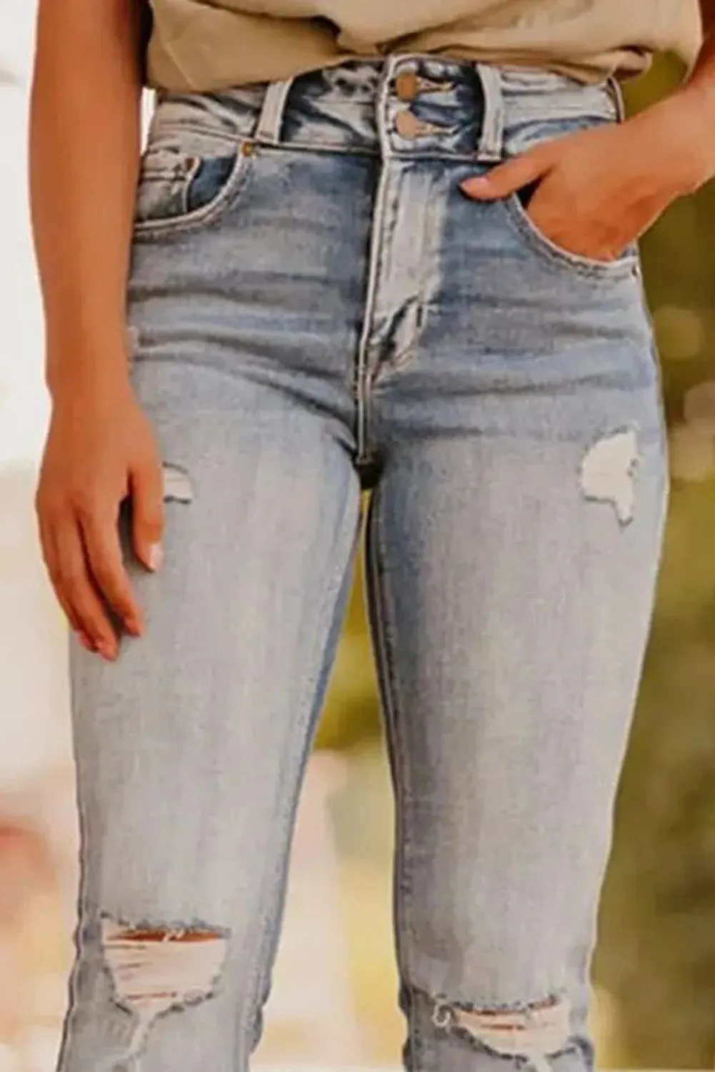 Dusk Blue Vintage Light Wash Ripped Raw Edge Flare Jeans