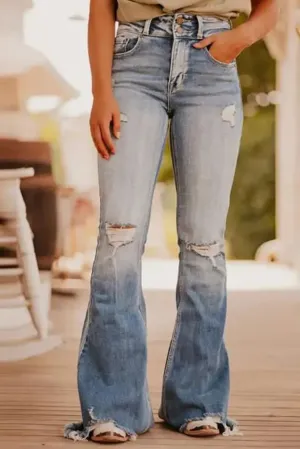 Dusk Blue Vintage Light Wash Ripped Raw Edge Flare Jeans