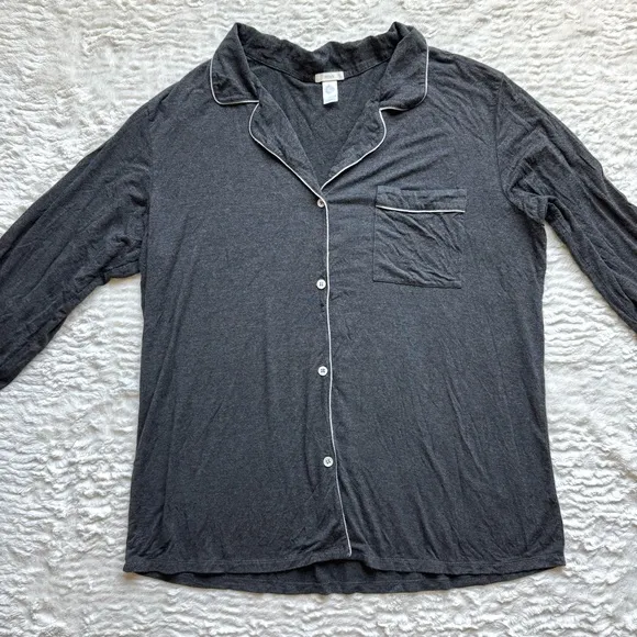 Eberjey Gisele Button Down Long Sleeve Modal Pajama Top XL Gray White Collared