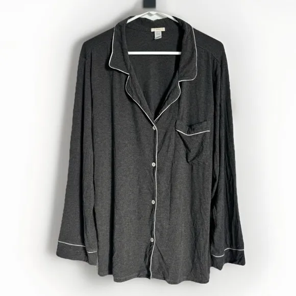 Eberjey Gisele Button Down Long Sleeve Modal Pajama Top XL Gray White Collared