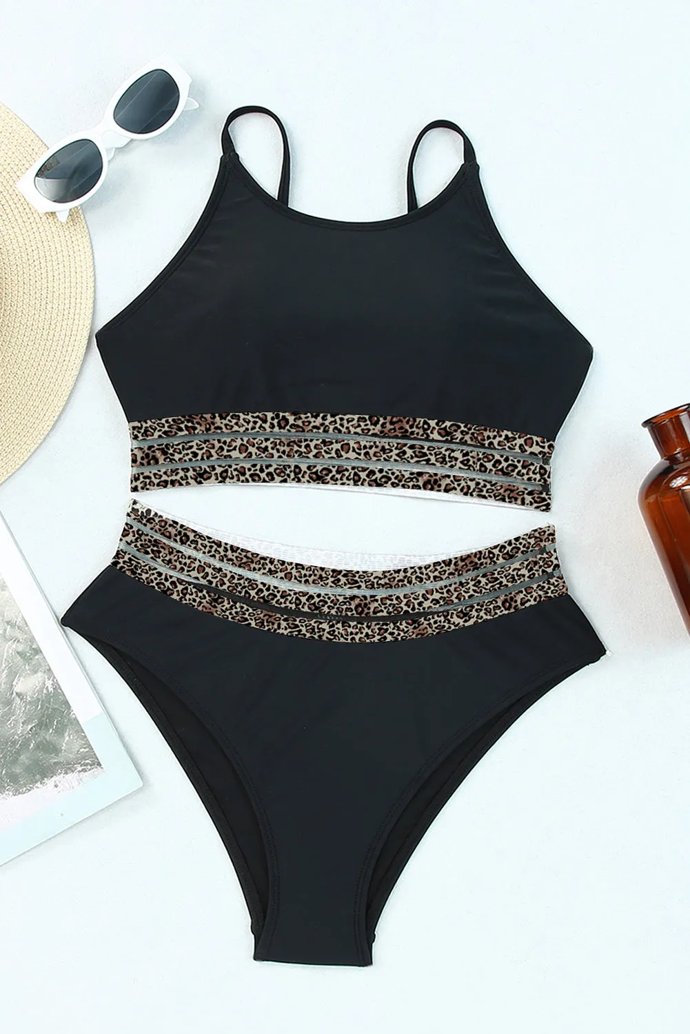 Edith Leopard Mesh Trim 2pcs Bikini Swimsuit