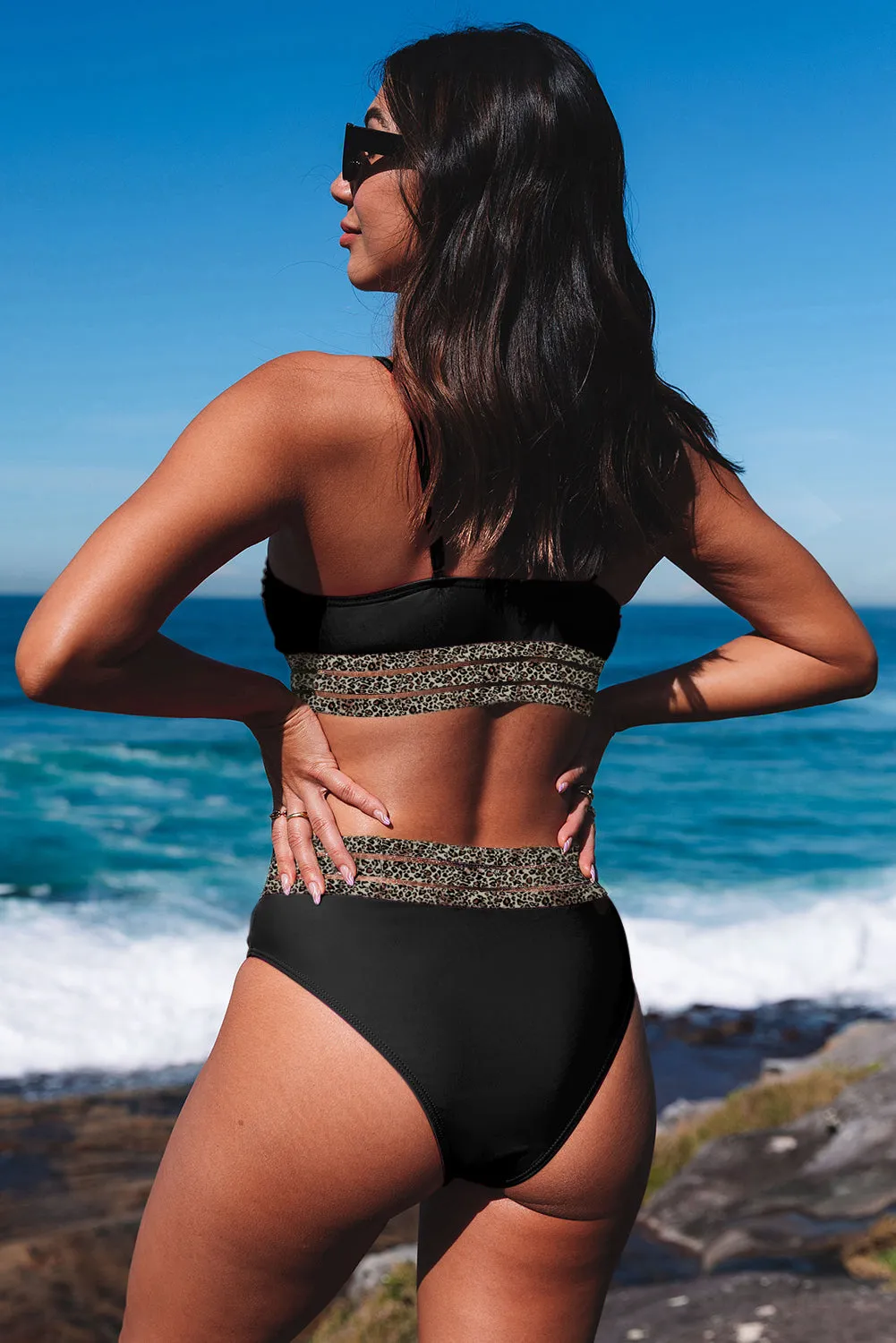 Edith Leopard Mesh Trim 2pcs Bikini Swimsuit