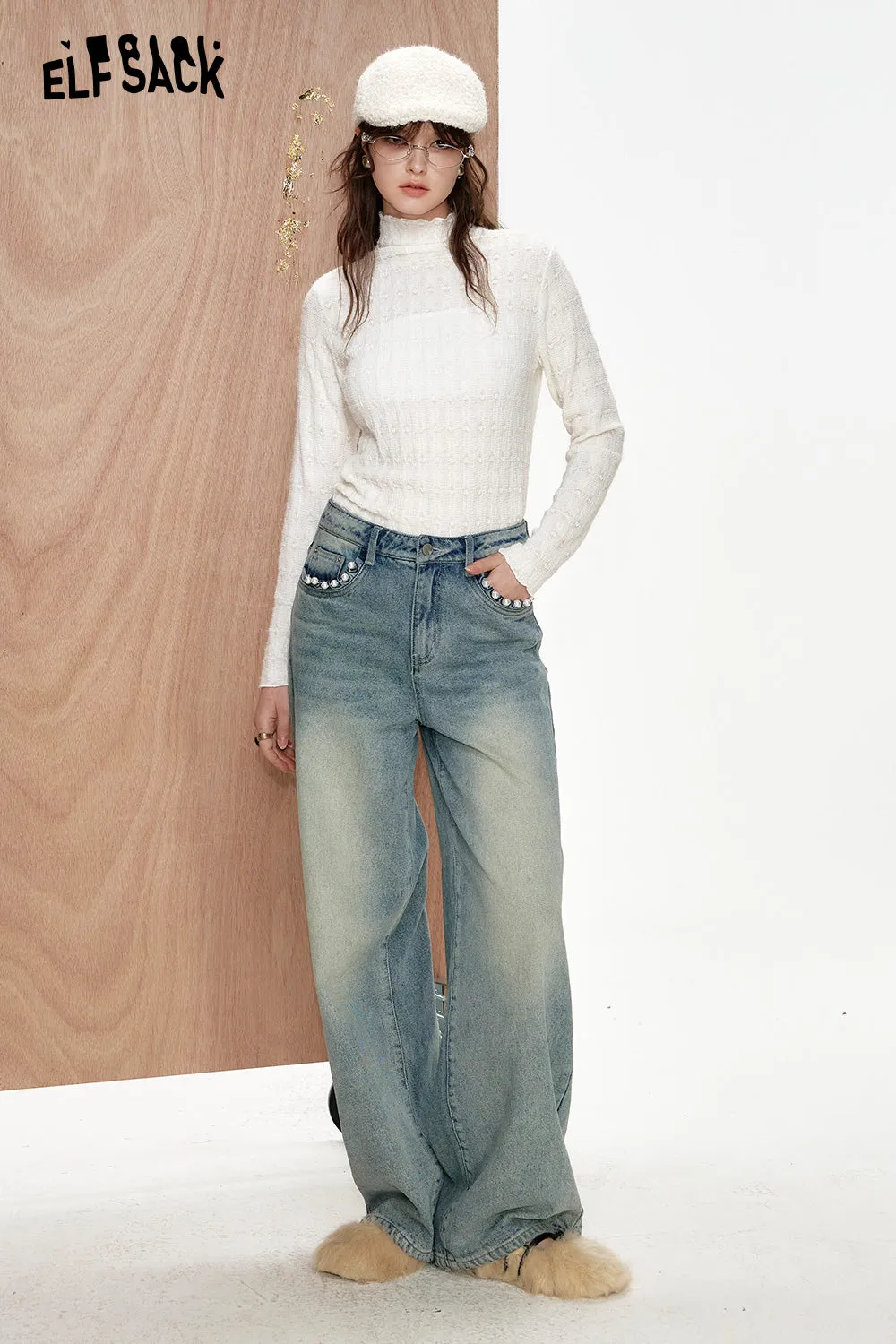 ELFSACK 2024 Winter New Arrivals White lace ruffled high collar bottoming shirt for women all-match soft top