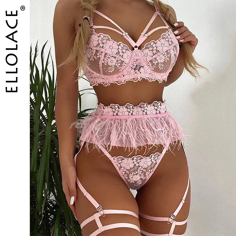 Ellolace Feather Sexy Lingerie Women's Underwear Set Woman 3 Pieces Women Sets Lingerie Sexy Push up Sensual Lingerie Woman