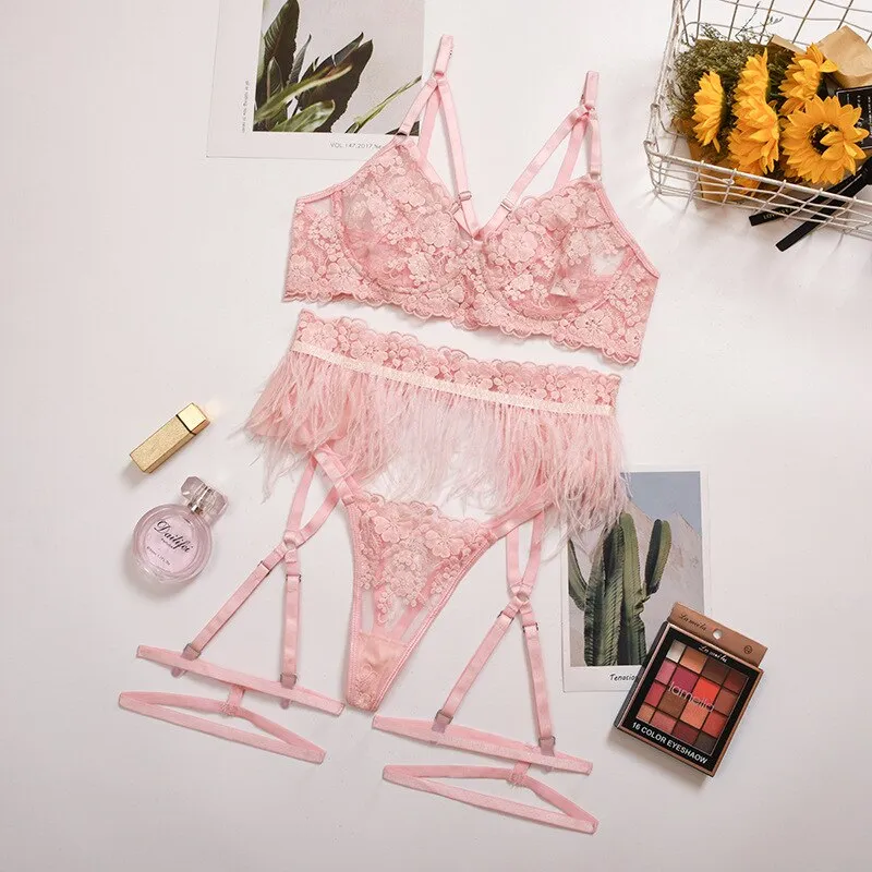 Ellolace Feather Sexy Lingerie Women's Underwear Set Woman 3 Pieces Women Sets Lingerie Sexy Push up Sensual Lingerie Woman