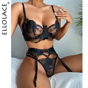 Ellolace Transparent Black Lacy 3pcs Lingerie Underwear S, M, L  Small Medium Large, AMB, NEW!