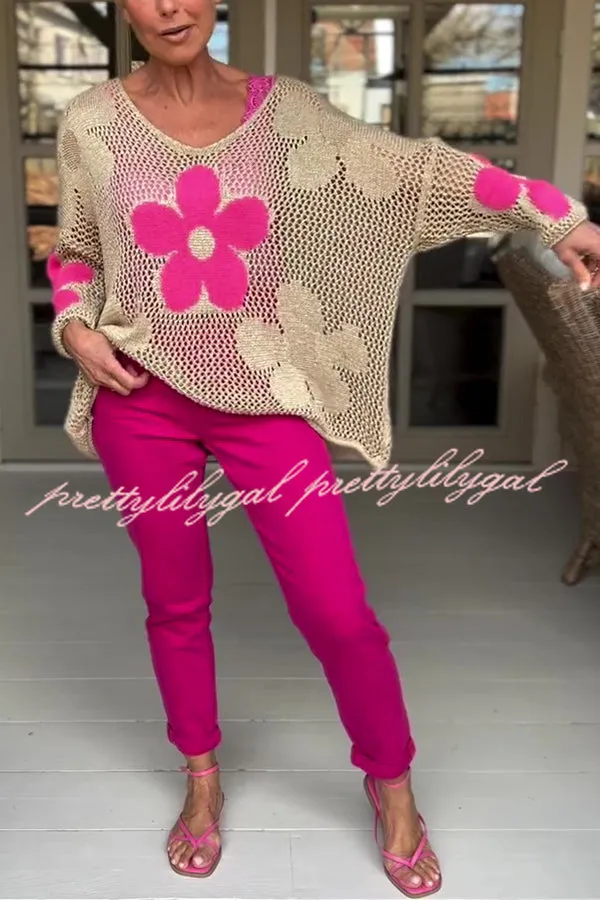 Embroidered Flower Hollow Long-sleeved Holiday Loose Knitted Top
