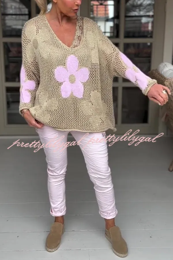 Embroidered Flower Hollow Long-sleeved Holiday Loose Knitted Top