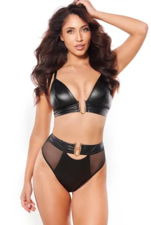 Erotic Black Faux Leather Plunge Bra Set